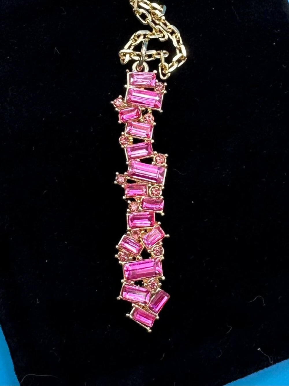 RJ Graziano Gold-Tone Chain w/Pink Stacked Crystal Pendant
